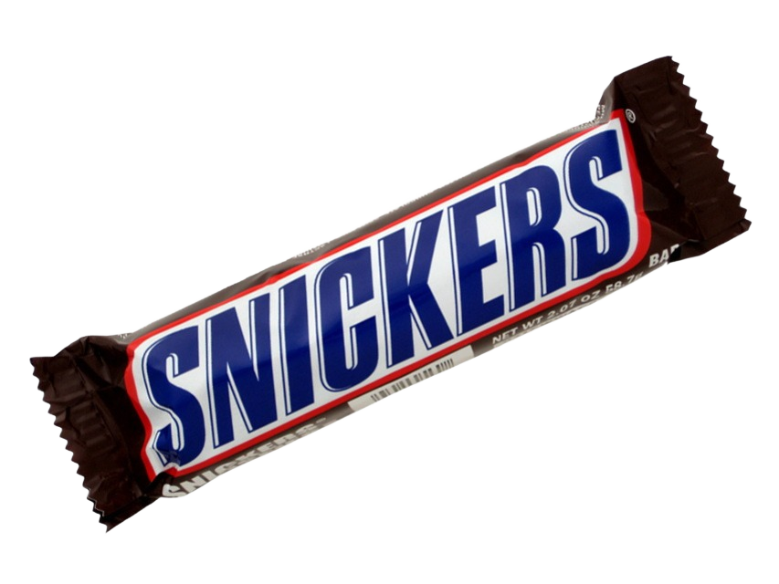 Snickers candy bar wrapped in brown packaging with bold white and blue lettering in Chocolates & Candies collection