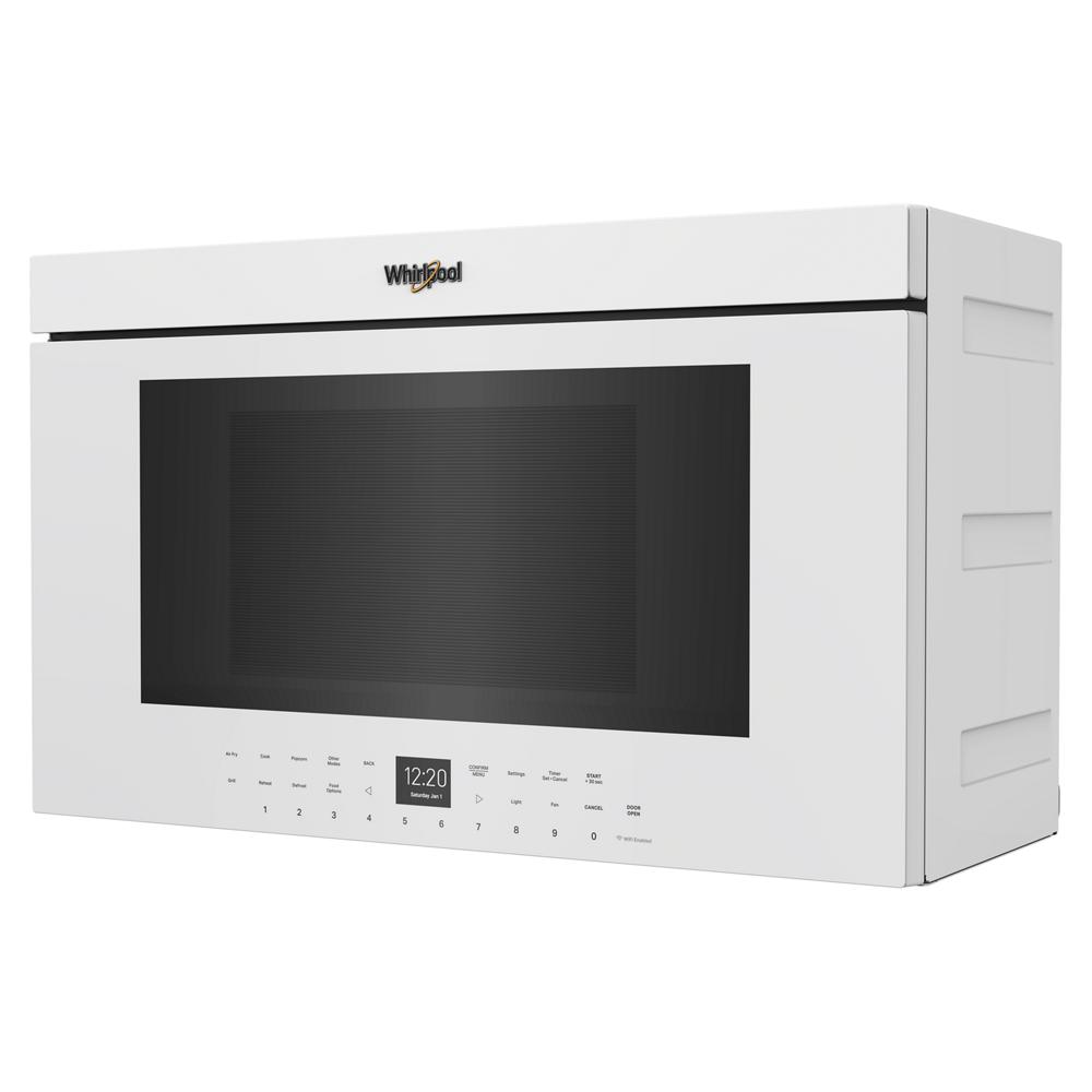 White Whirlpool air fry over-the-range oven with flush mount design and digital touchscreen control panel from kitchen appliances