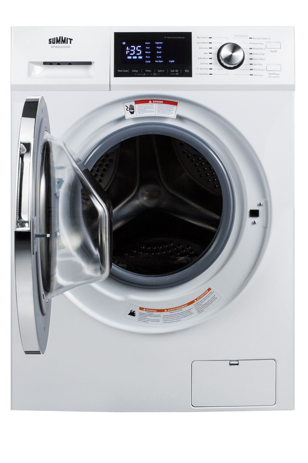 Front view of white 24-inch wide washer/dryer combo with open door and digital control panel from washers collection