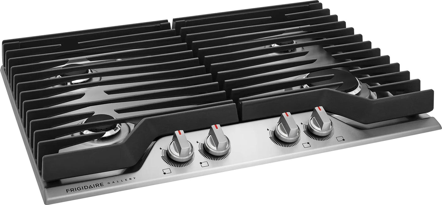 Stainless steel 30-inch gas cooktop with four burners and continuous cast iron grates from Cooktops collection