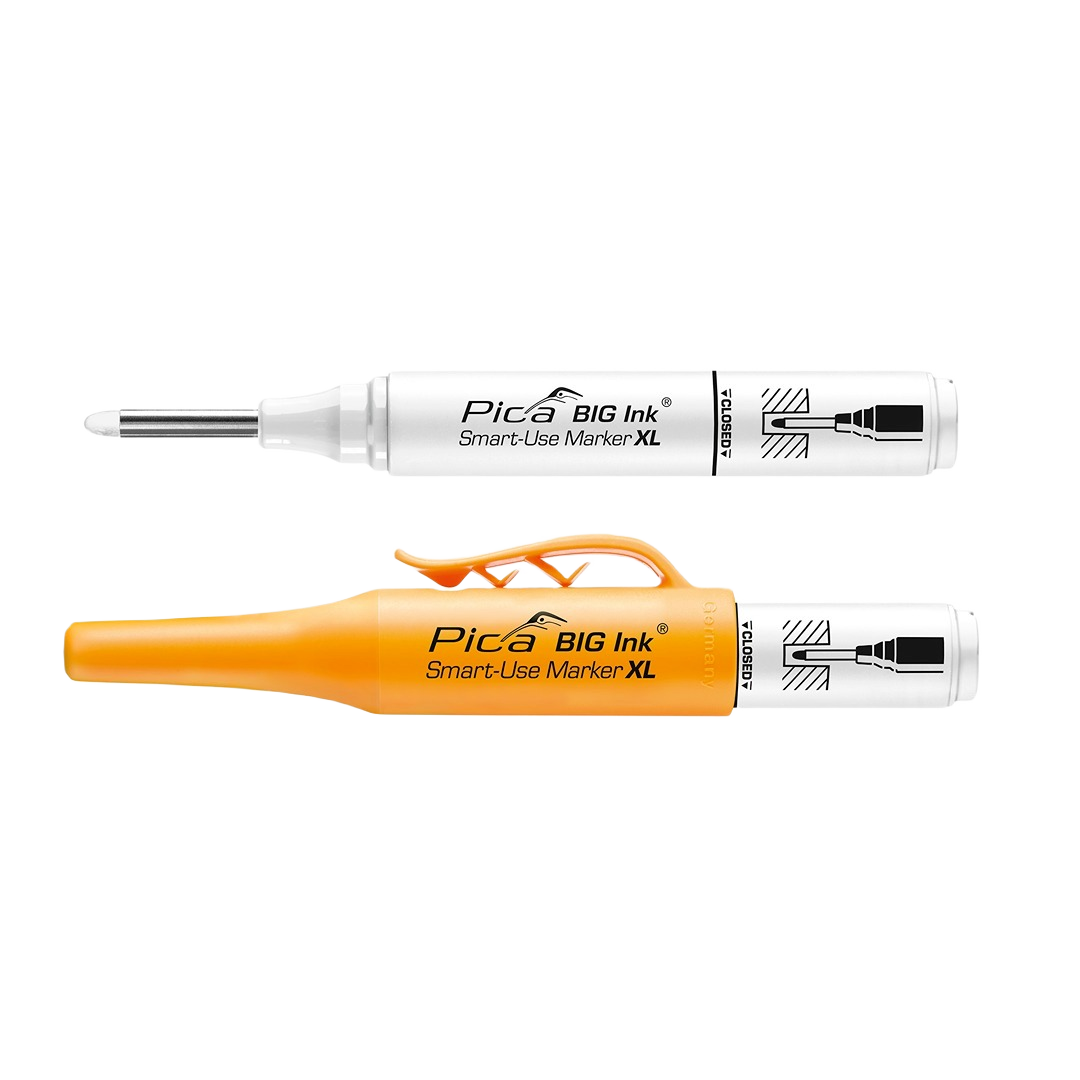 Two Pica BIG Ink Smart-Use Markers XL in white and orange for measuring and woodworking hand tools collections under $50