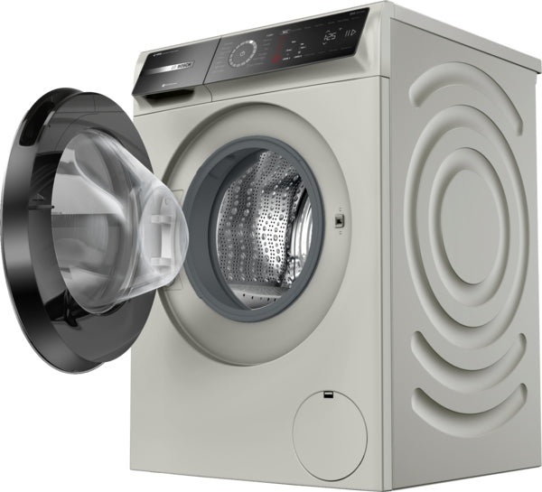 Compact front load washer in pearl steel finish with open door and textured side panel, part of Bosch washers collection
