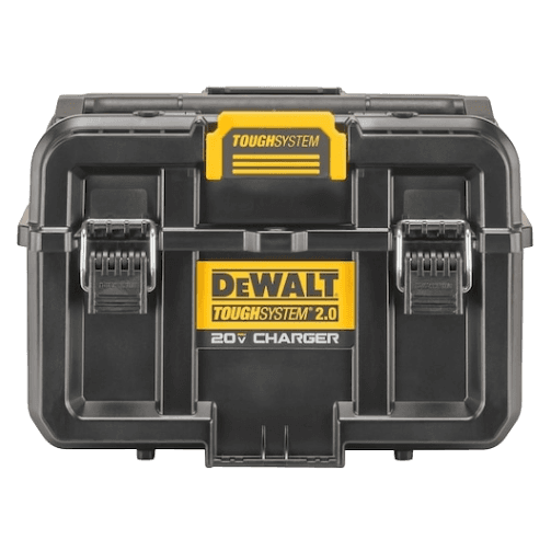 Compact black and yellow dual port charger case for 20V batteries designed for tools and home improvement use