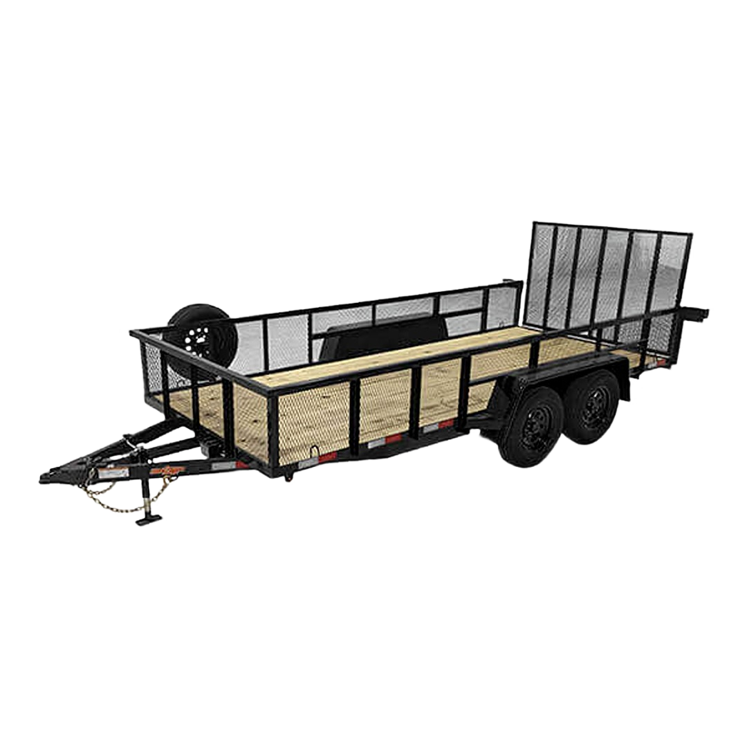 Utility tandem axle trailer with wooden deck and metal mesh sides for landscaping and hauling tasks