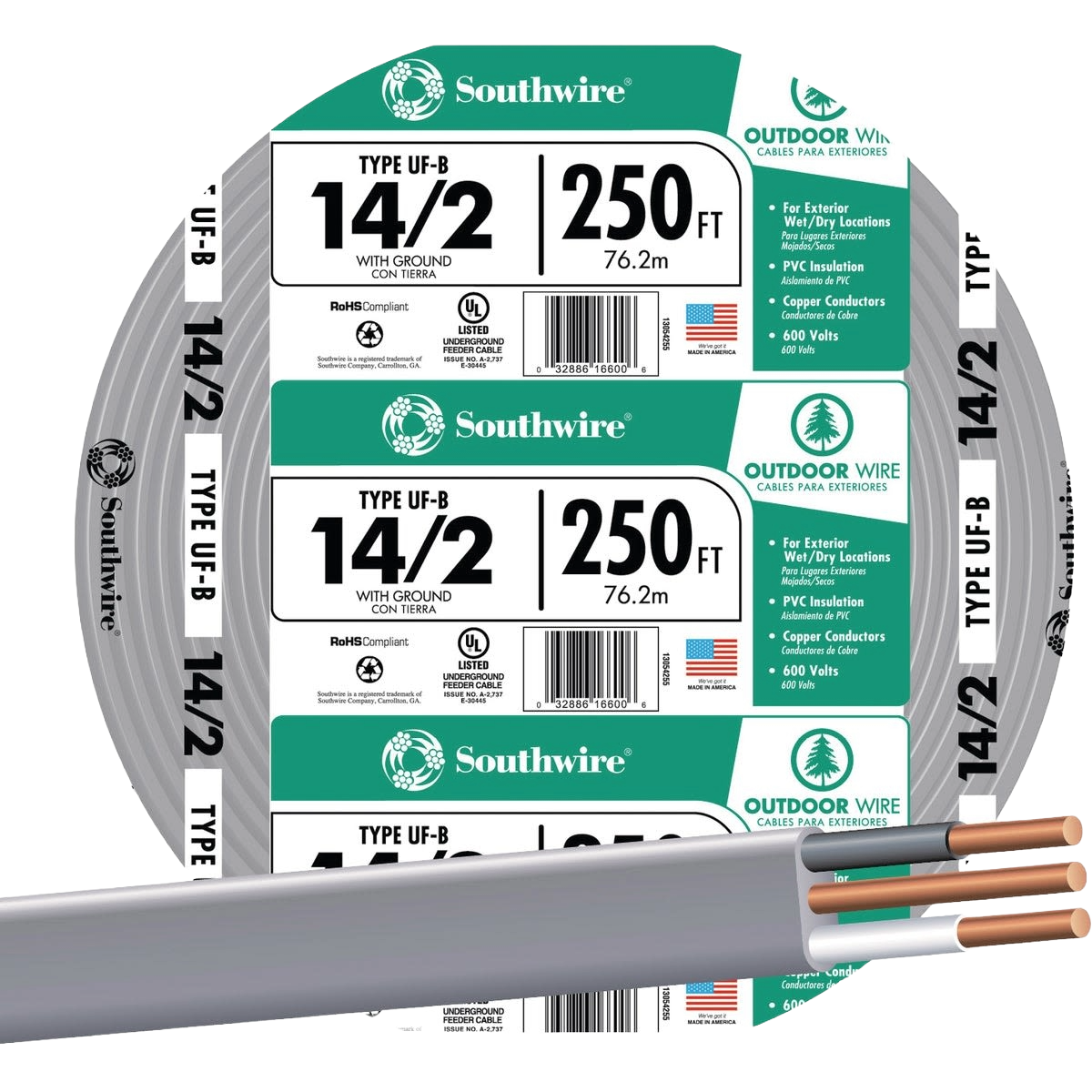 Spool of outdoor-rated electrical building wire with copper conductors and PVC insulation for wet or dry locations