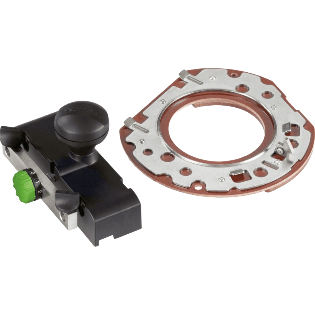 Black and metal router base kit with adjustment knob for guide rail use in woodworking tool accessories collection