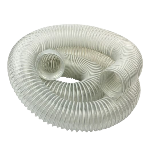 Flexible clear PVC hose with reinforced wire helix for dust collection in woodworking tools and home improvement
