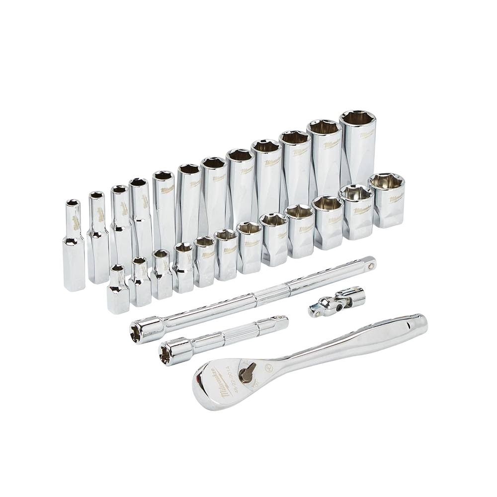Chrome metric socket set with 1/4" drive ratchet and extensions for Milwaukee woodworking and hand tools collection