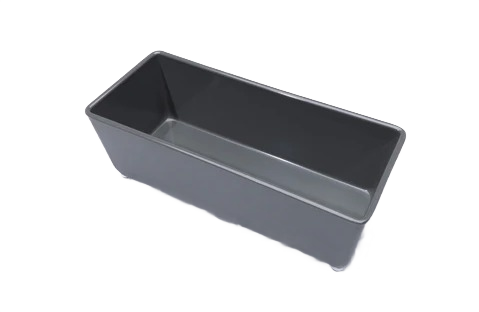 Rectangular slate-colored organizing tray with aluminum feet for countertop storage and kitchen organization collections
