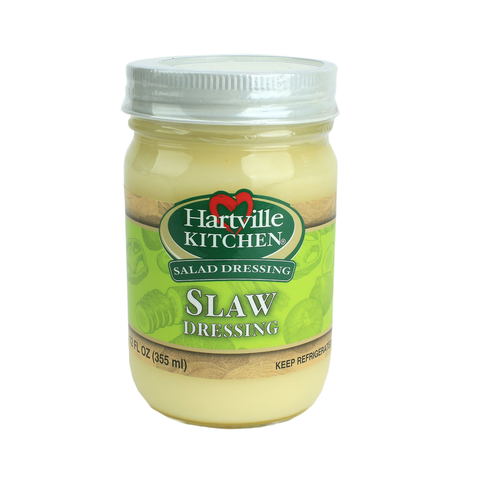 Glass jar of Hartville Kitchen refrigerated slaw dressing with green label in salad dressings and food collections