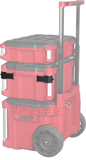 Red and black rolling tool storage system with interlocking compartments for workshop and jobsite organization