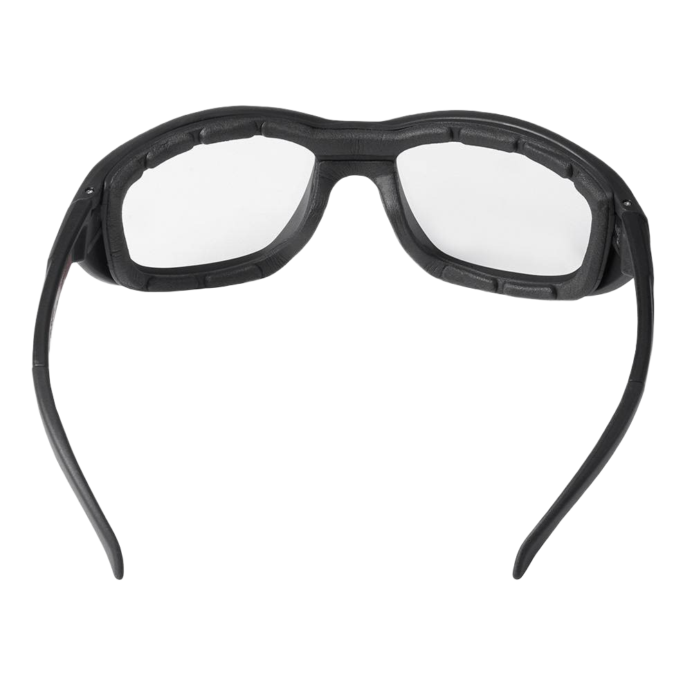 Clear lens safety glasses with black gasket and frame designed for impact protection in tools and home improvement tasks