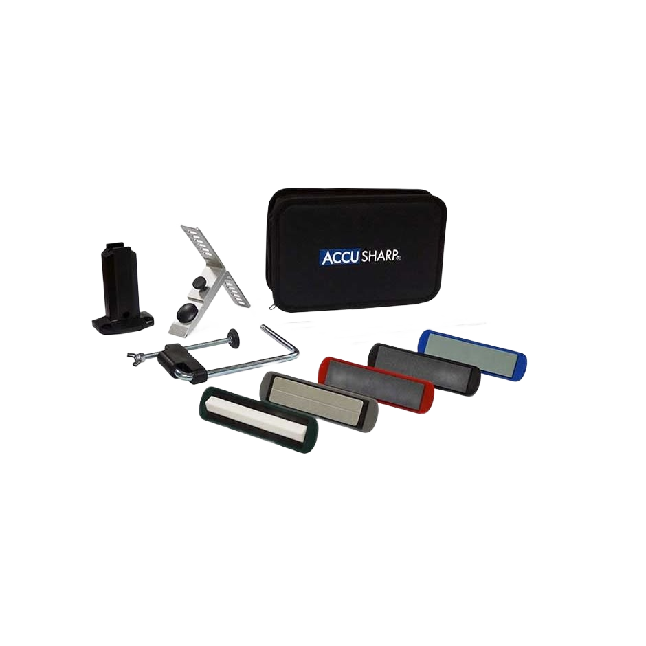 Precision sharpening kit with five colored sharpening stones, adjustable guide, and carrying case for tools and home improvement tasks