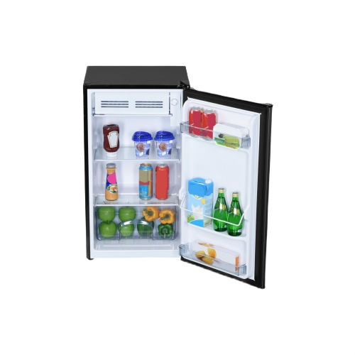 Black mini fridge with full width freezer, adjustable shelving, and stocked interior in Refrigerators and Appliances collections