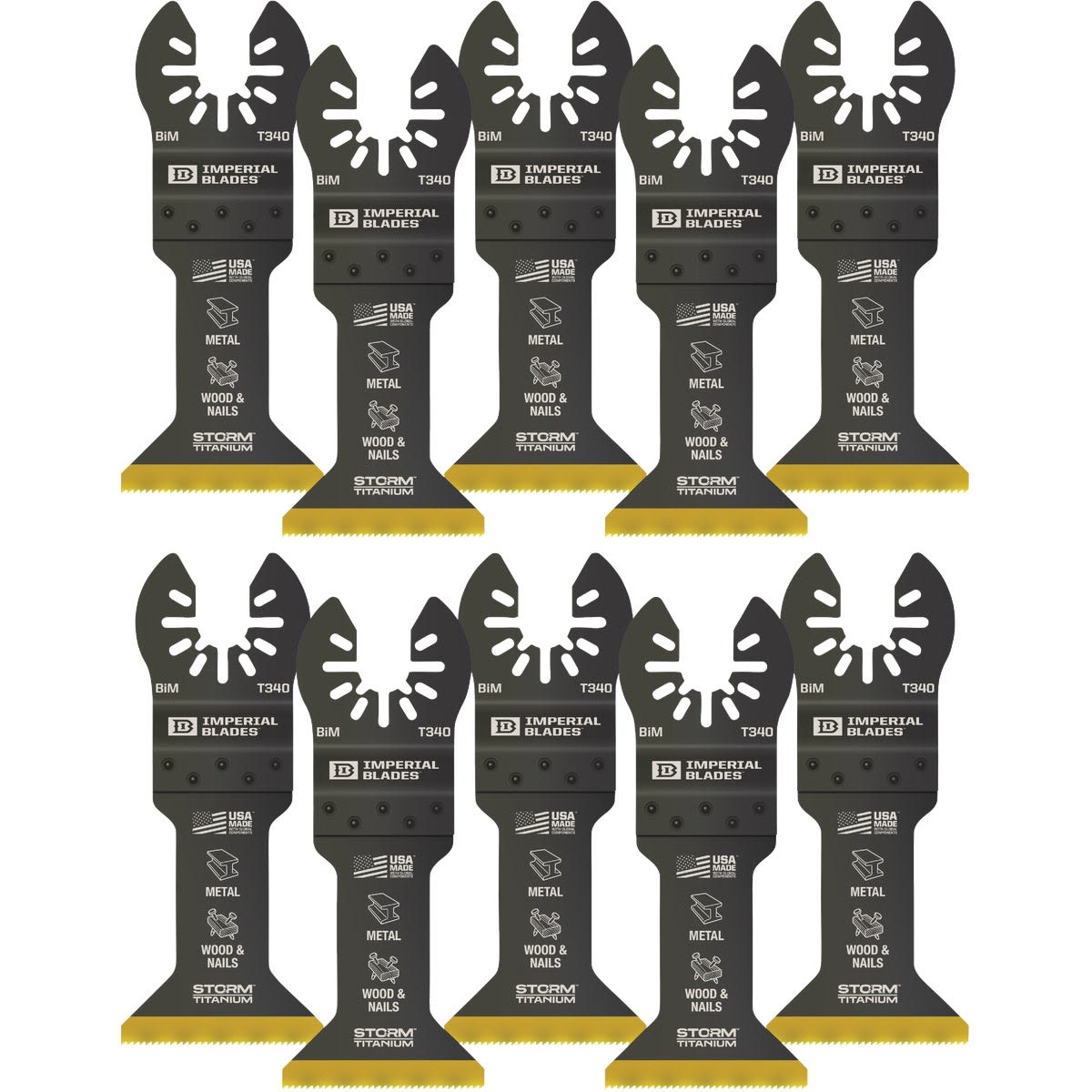 Set of ten Storm Titanium metal oscillating tool blades designed for cutting wood, nails, and metal in home improvement tasks