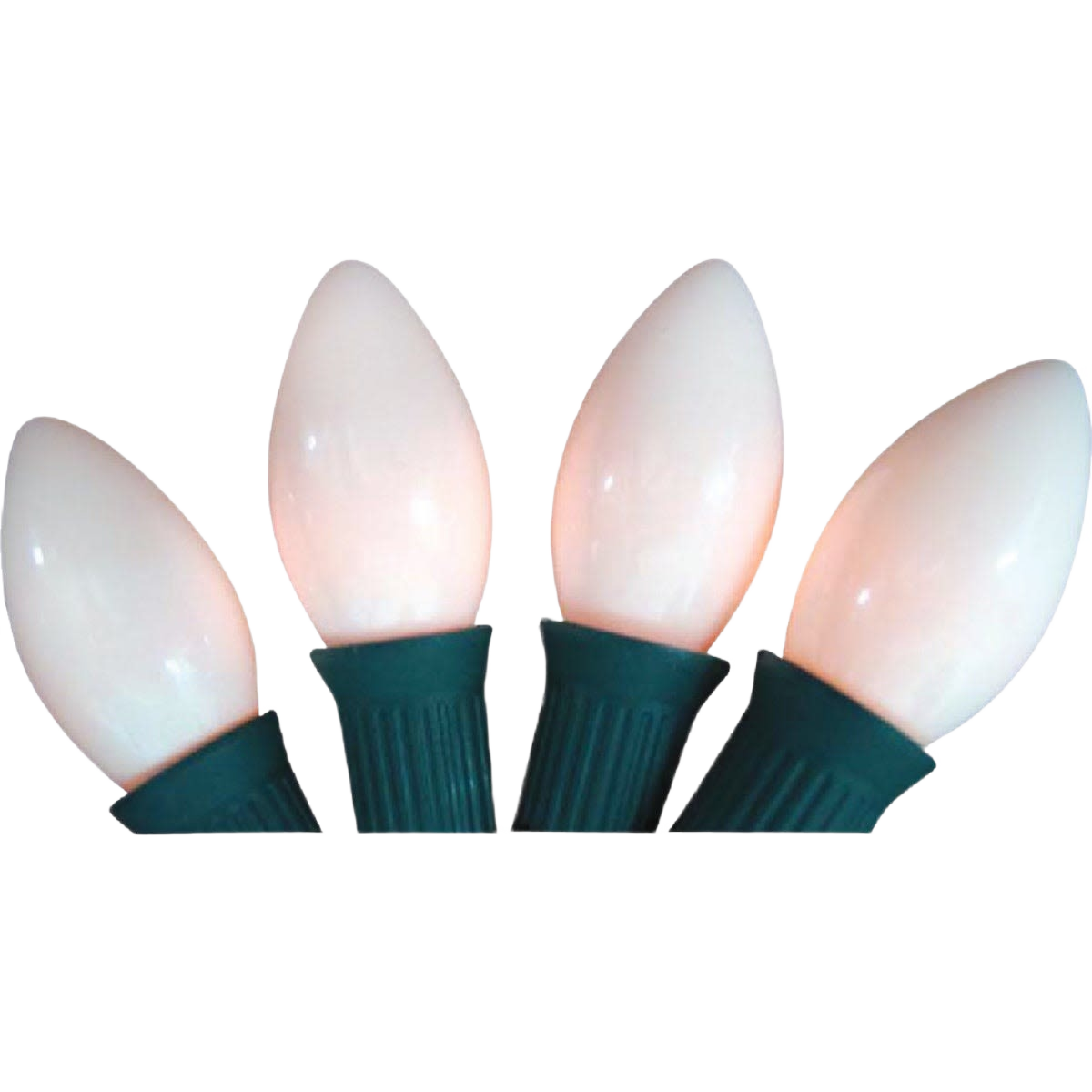 Four white C9 replacement light bulbs with green bases for Christmas lights and home improvement use.