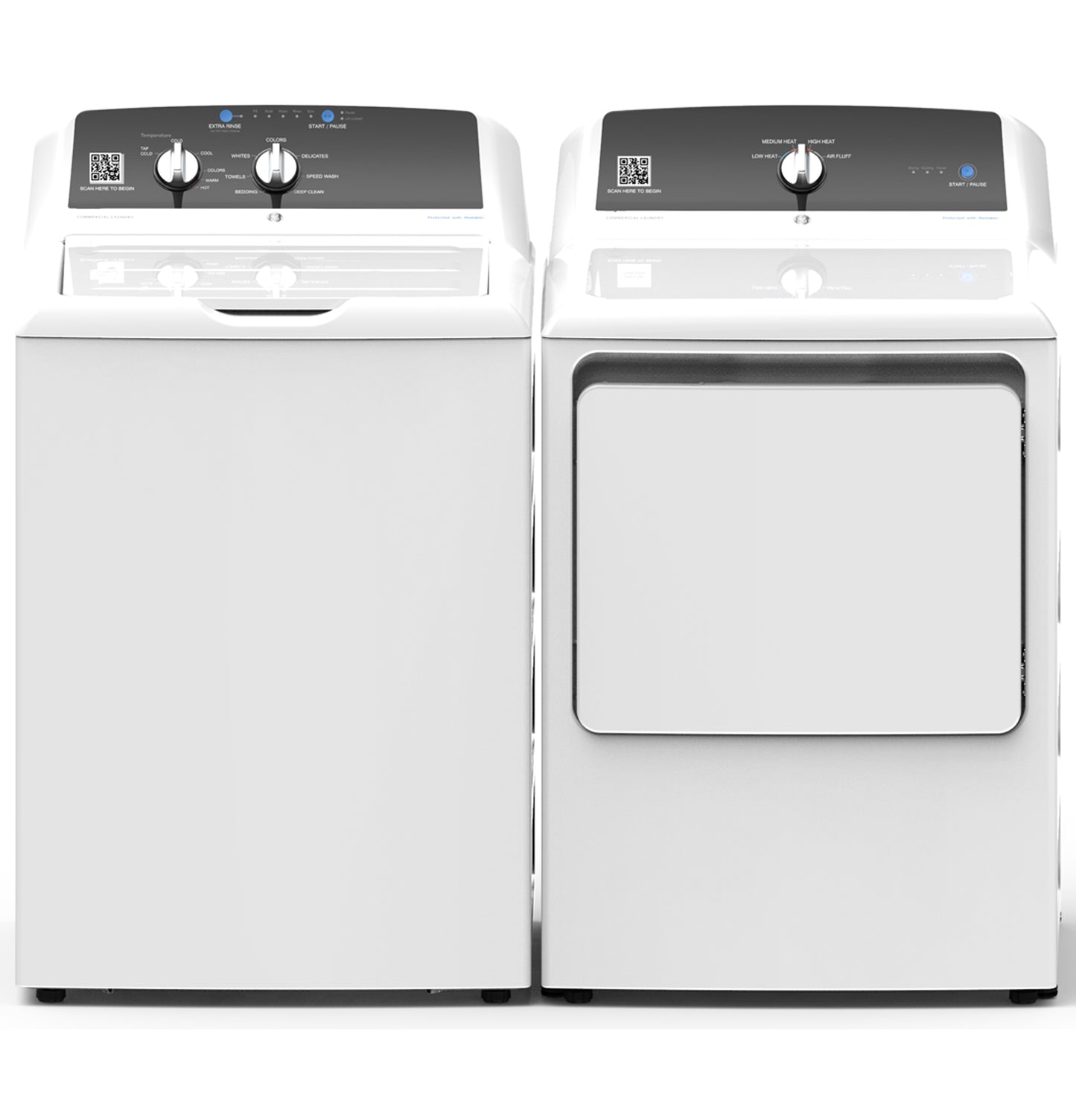 White commercial top load washer and matching dryer with black control panels from washers and appliances collections