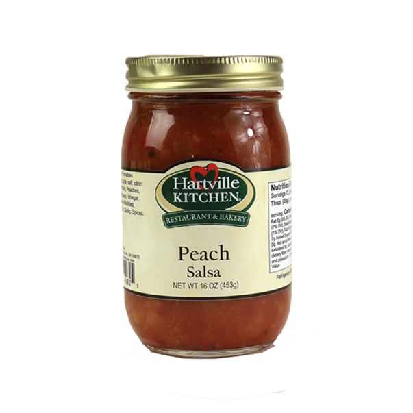 Glass jar of Hartville Kitchen Peach Salsa with gold lid from the Food & Beverage collection under $50