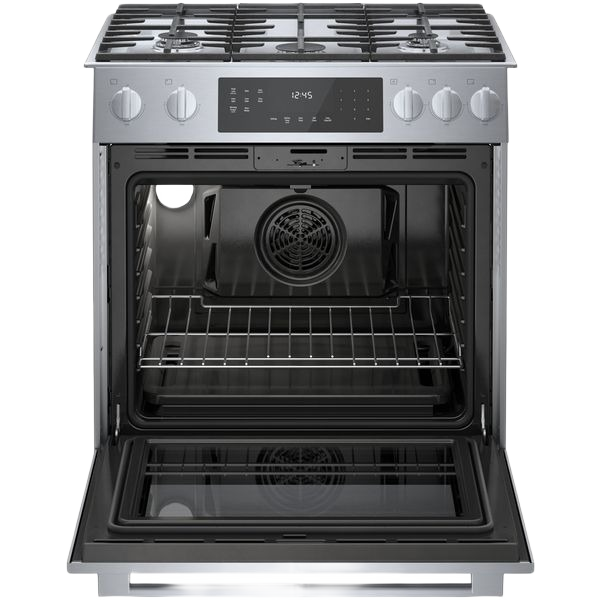 30-inch stainless steel gas slide-in range with open oven door and digital touch controls for home improvement and kitchen use