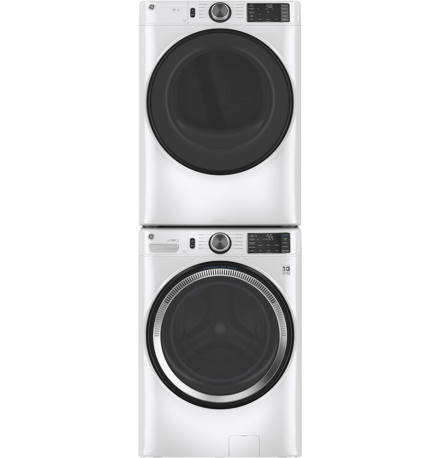 Stacked white front load washers and dryers with digital controls for modern laundry and appliance collections.