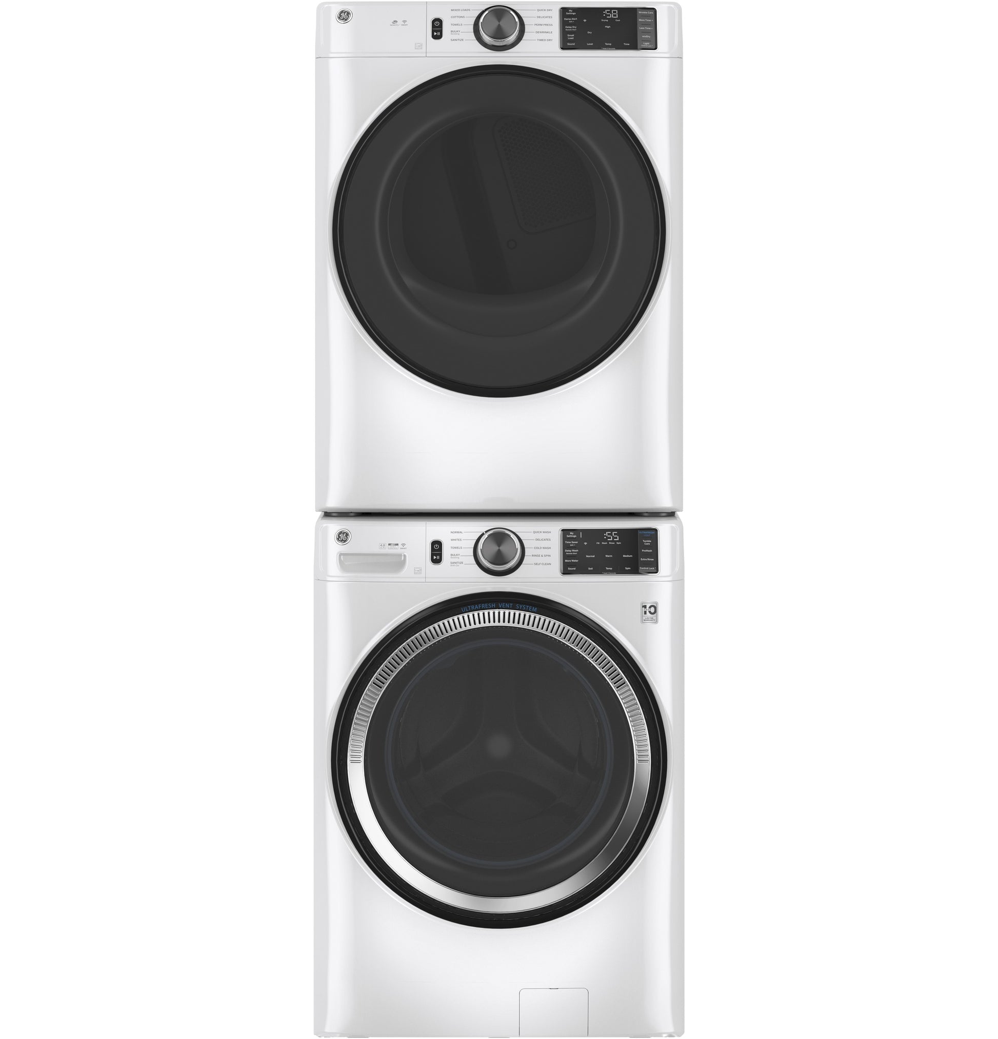 Stacked white front load washers and dryers with digital controls for modern laundry and appliance collections.