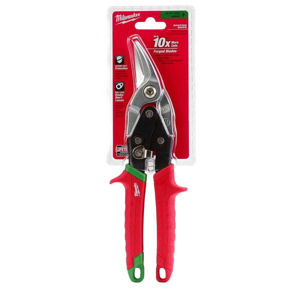 Heavy-duty right cutting aviation snips with red and green ergonomic handles for precise metal cutting in home improvement tasks
