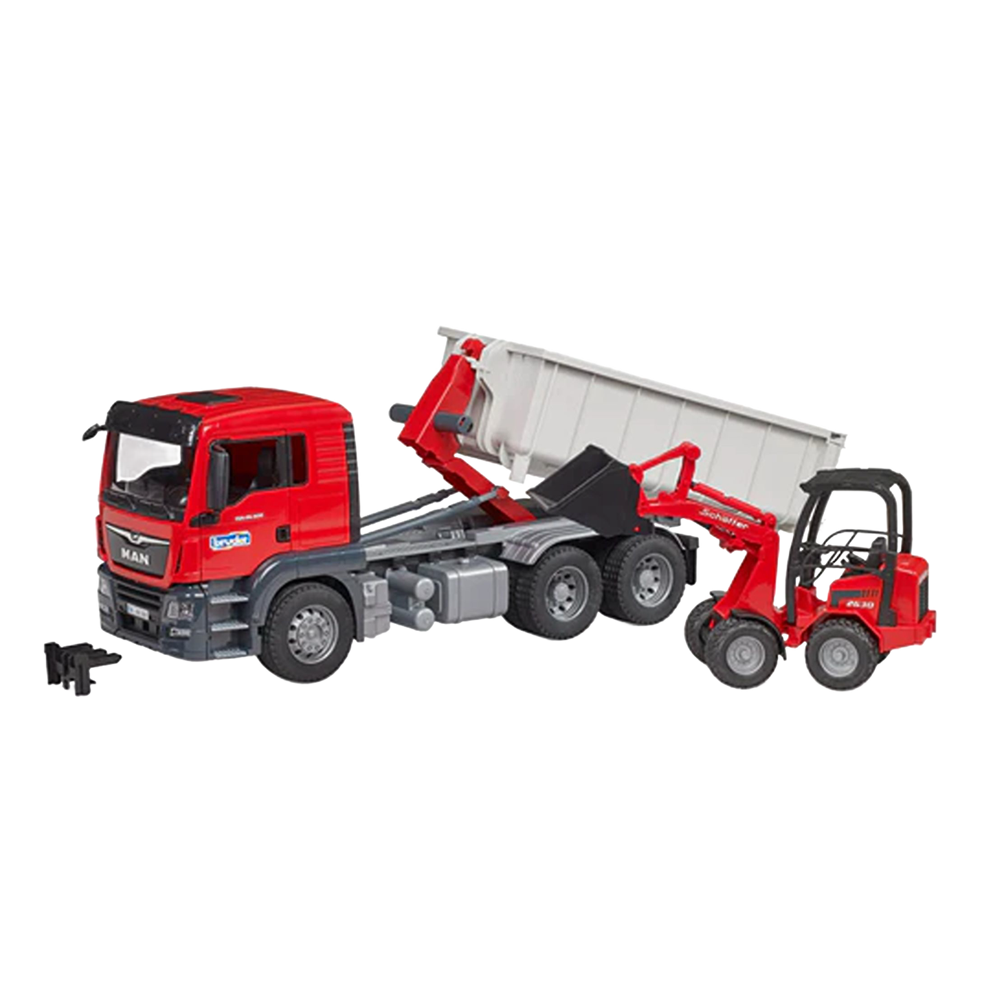 Red and gray Bruder toy truck with roll-off container and compact loader, part of Vehicles & Remote Controlled Toys collection