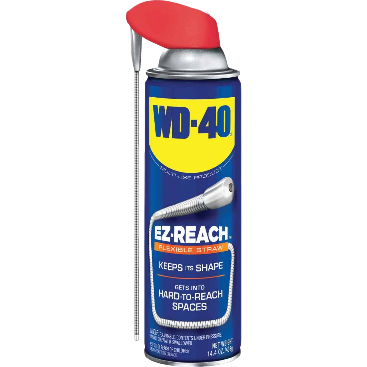 Blue and yellow WD-40 spray can with flexible EZ Reach metal straw for tools and home improvement use