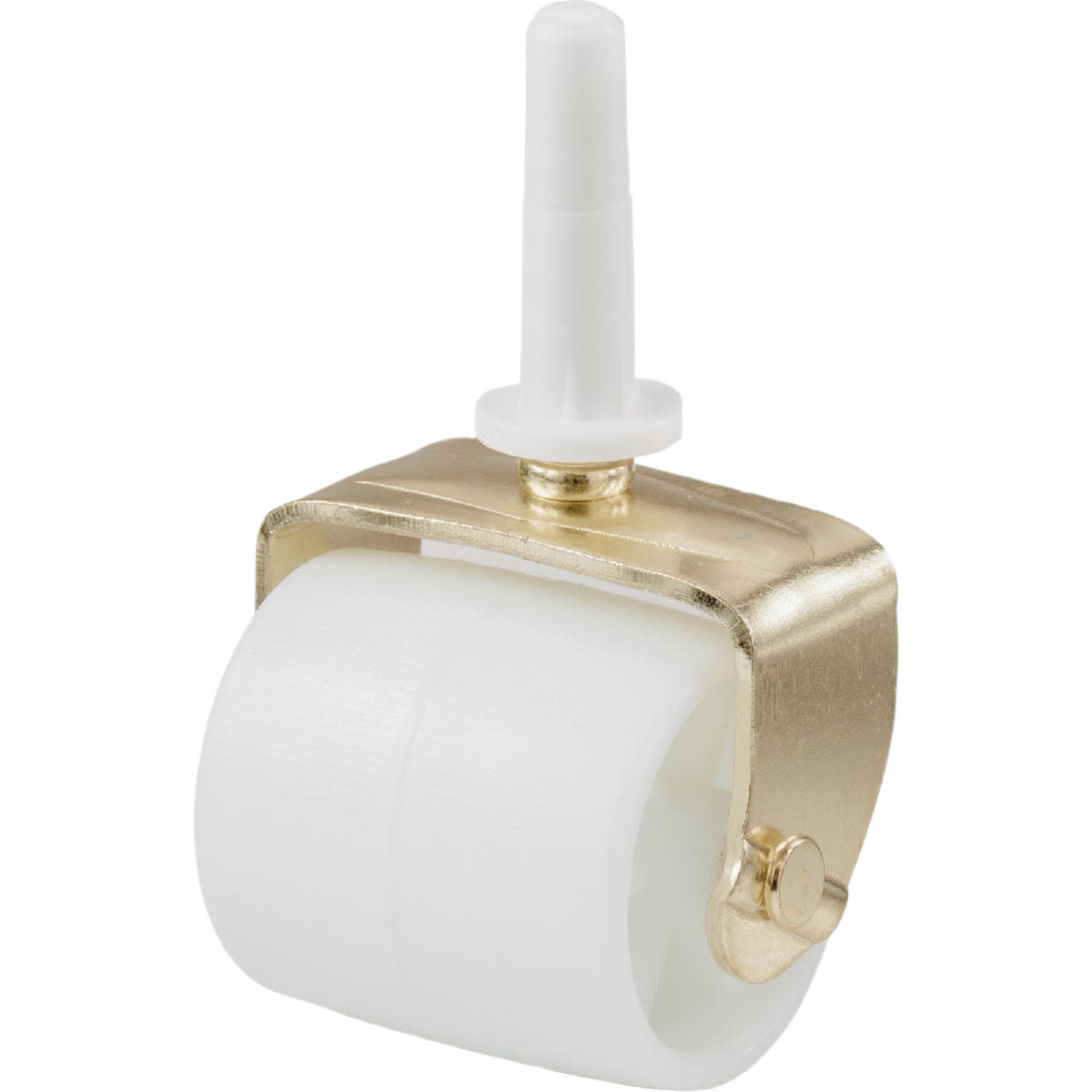 White plastic swivel caster with brass frame and stem for furniture hardware and home improvement tools collections