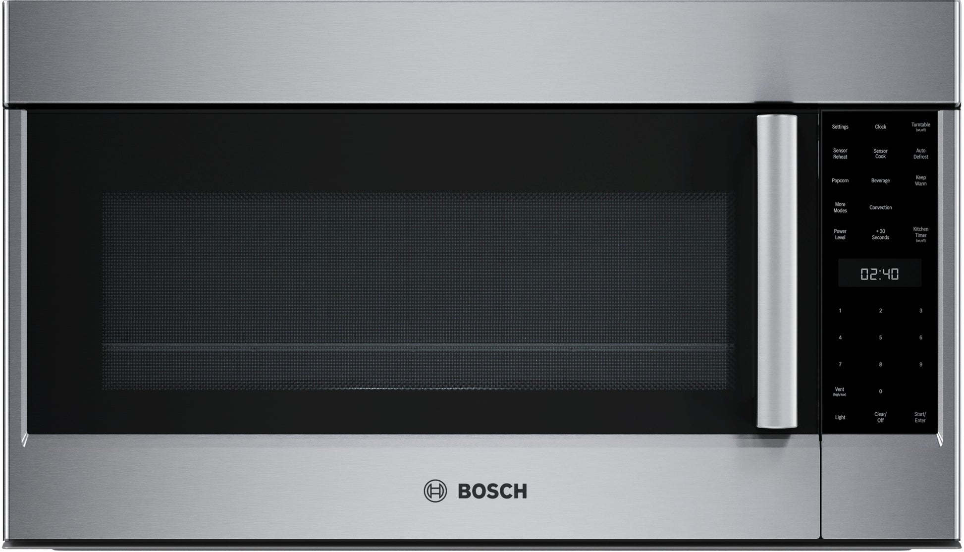 Stainless steel over-the-range microwave with left side-opening door and digital control panel in Bosch appliances collection