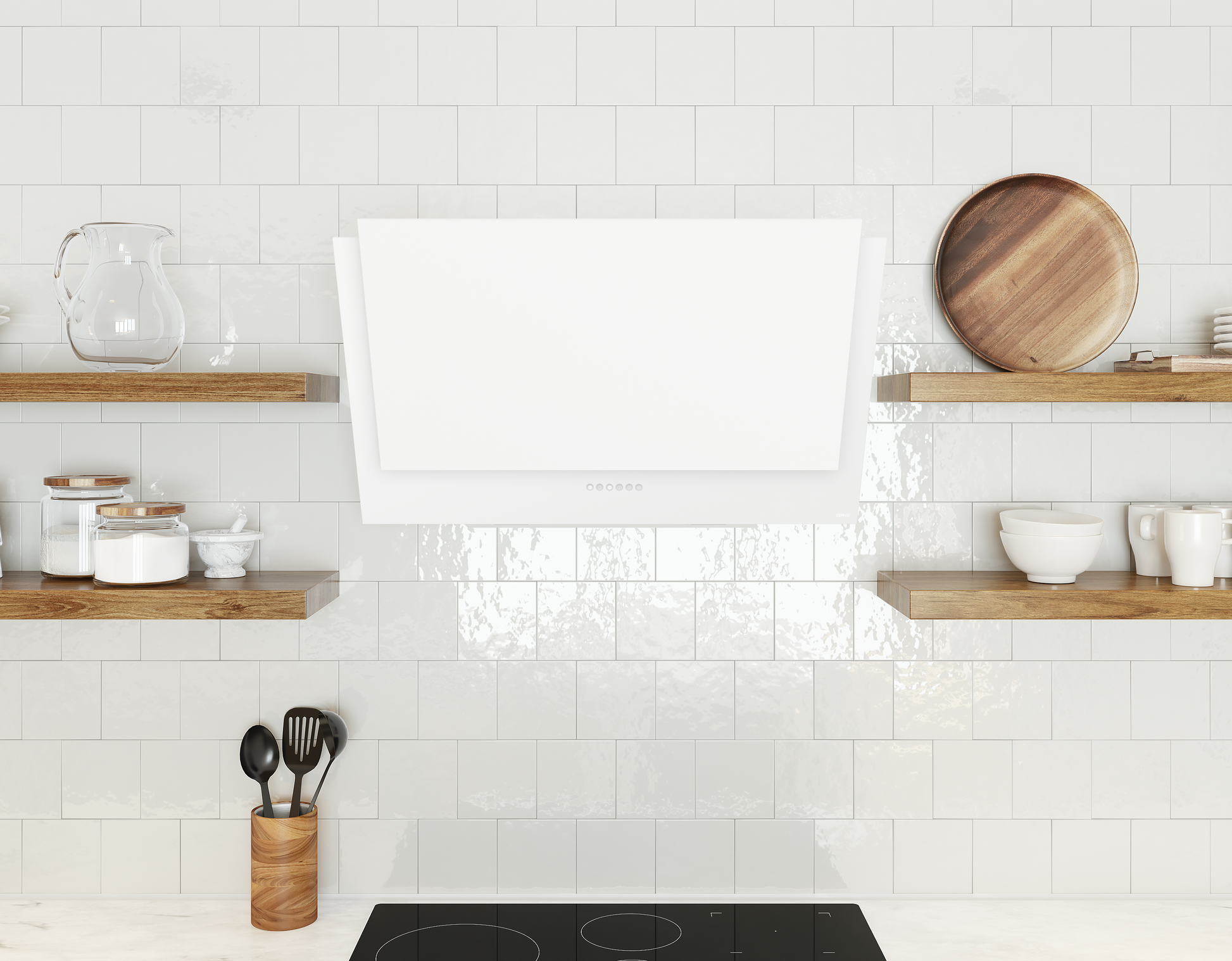 White wall mount range hood with capacitive touch, LED lighting, and aluminum mesh filters for kitchen improvement