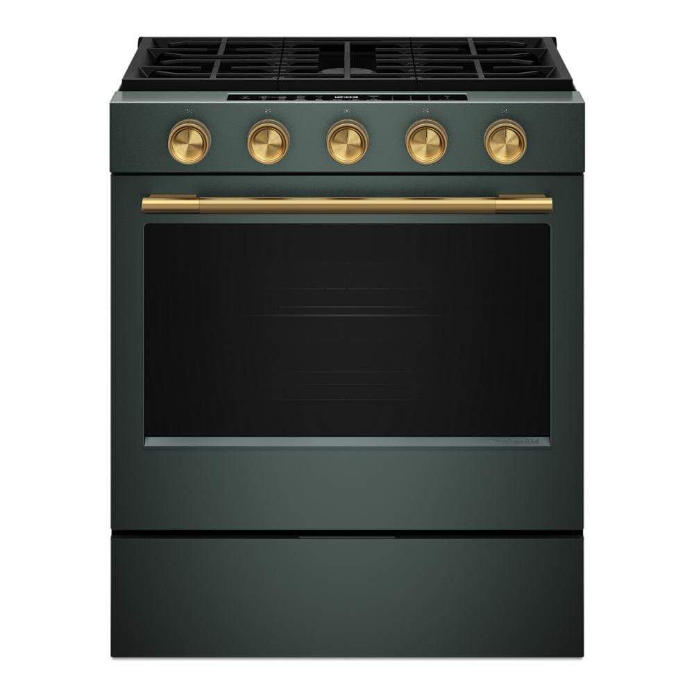 30-inch matte green slide-in gas range with convection cooking, featuring five gold-tone control knobs and a matching gold handle, part of Ranges, Gas Ranges, Kitchen & Kitchenware, Appliances collections.
