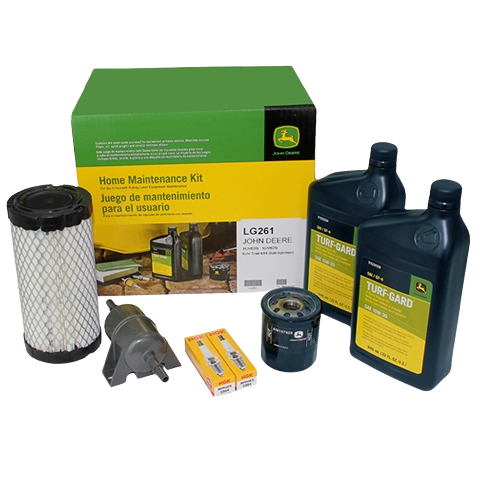 Set of maintenance supplies including filters, spark plugs, oil, and fuel additives for home equipment care
