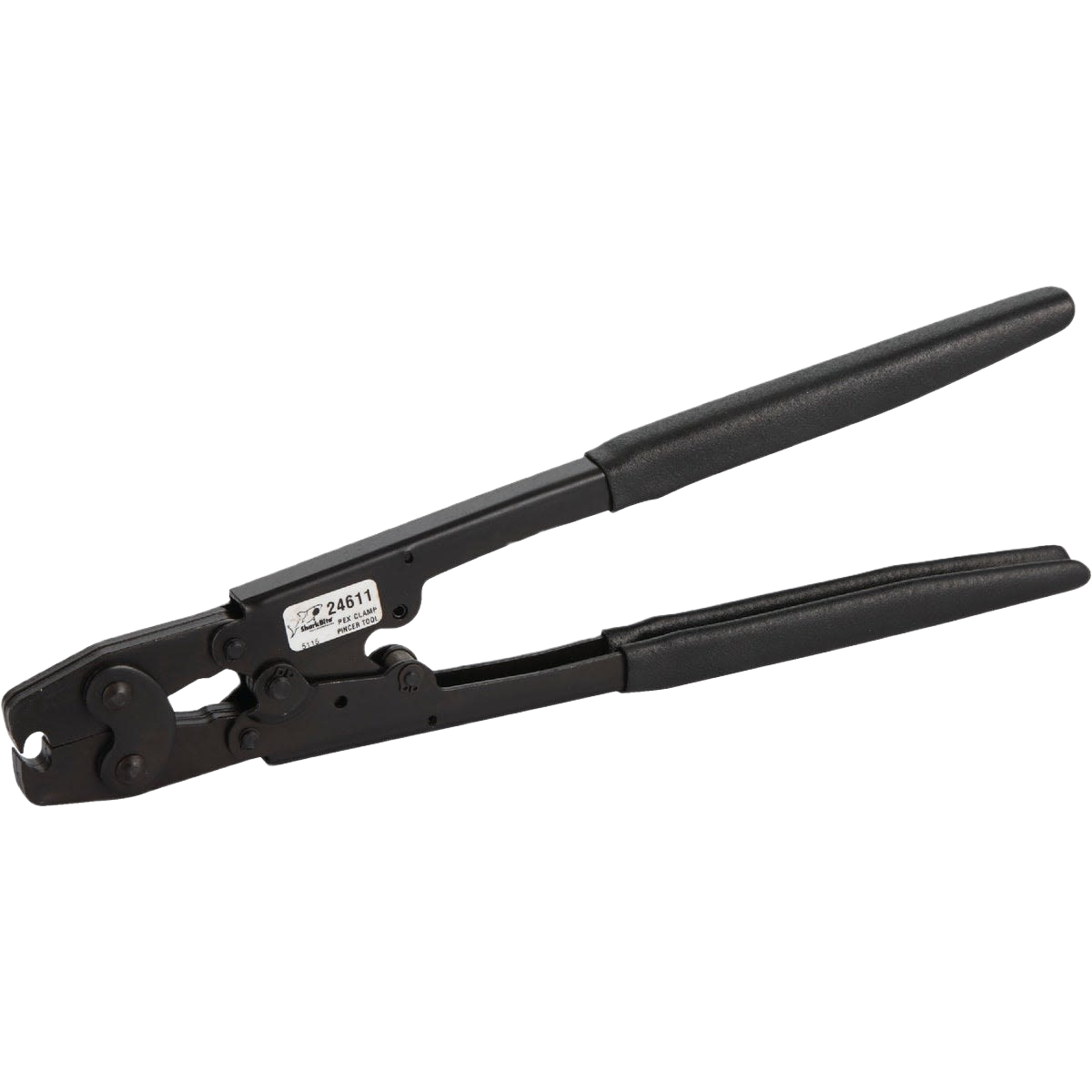 Black metal cinch clamp tool with long handles for securing PEX tubing fittings in plumbing tool collections under $100