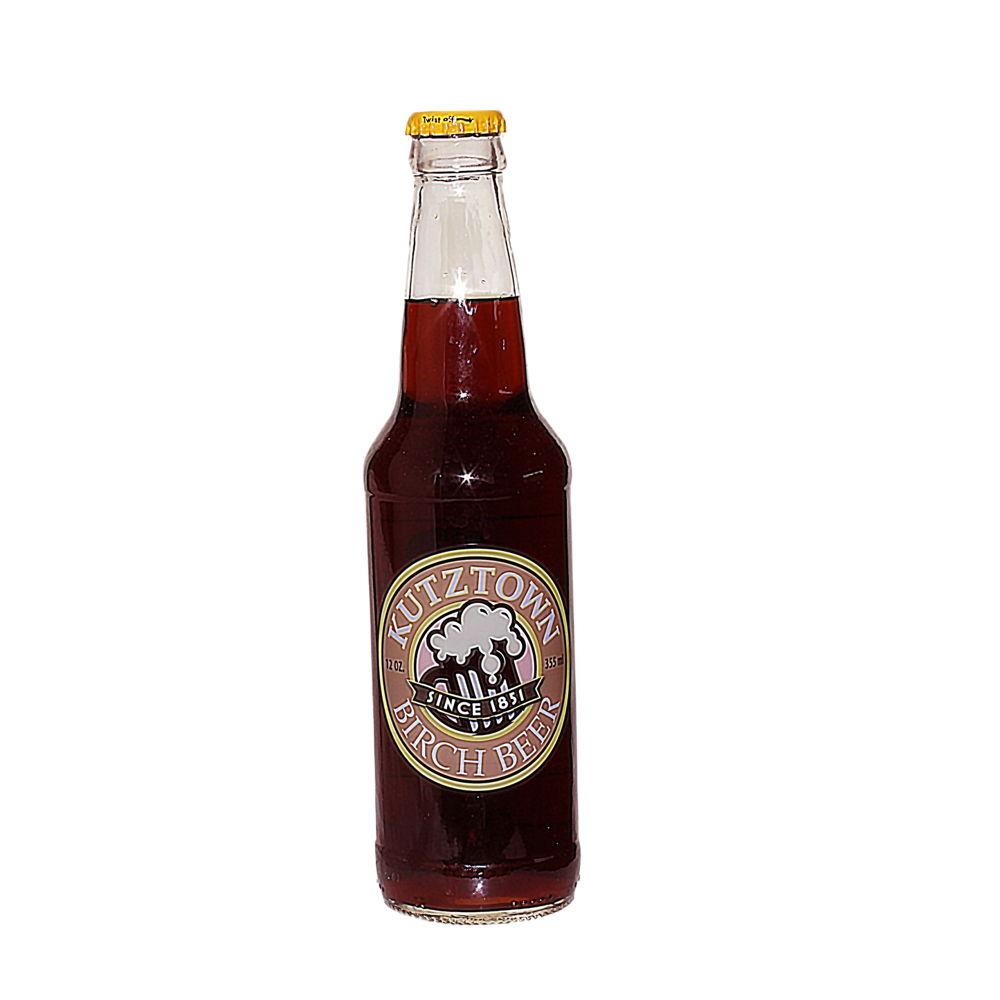 Glass bottle of dark birch beer soda with vintage-style Kutztown label and yellow cap