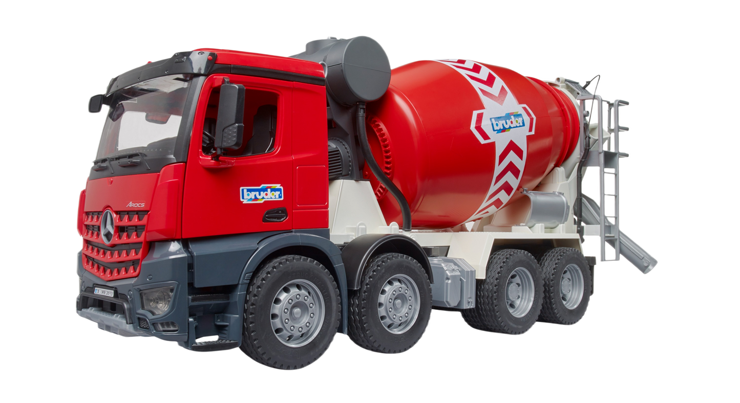Red and gray Bruder Arocs Cement Mixer toy truck with detailed rotating drum and realistic construction vehicle design