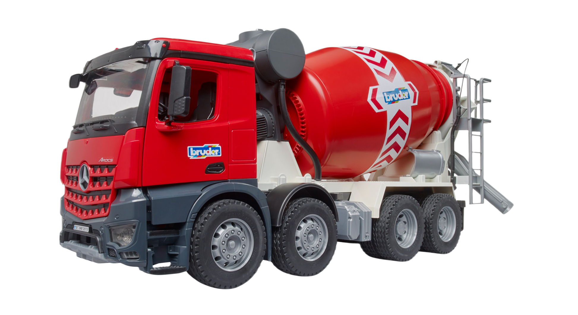 Red and gray Bruder Arocs Cement Mixer toy truck with detailed rotating drum and realistic construction vehicle design