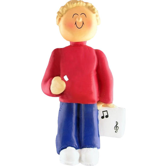 Blonde male musician figurine holding sheet music, whimsical Christmas ornament from seasonal tree decorations collection