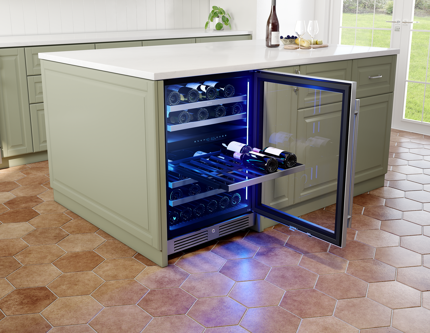 Built-in reversible dual zone wine cooler with blue interior lighting in kitchen and appliances collections