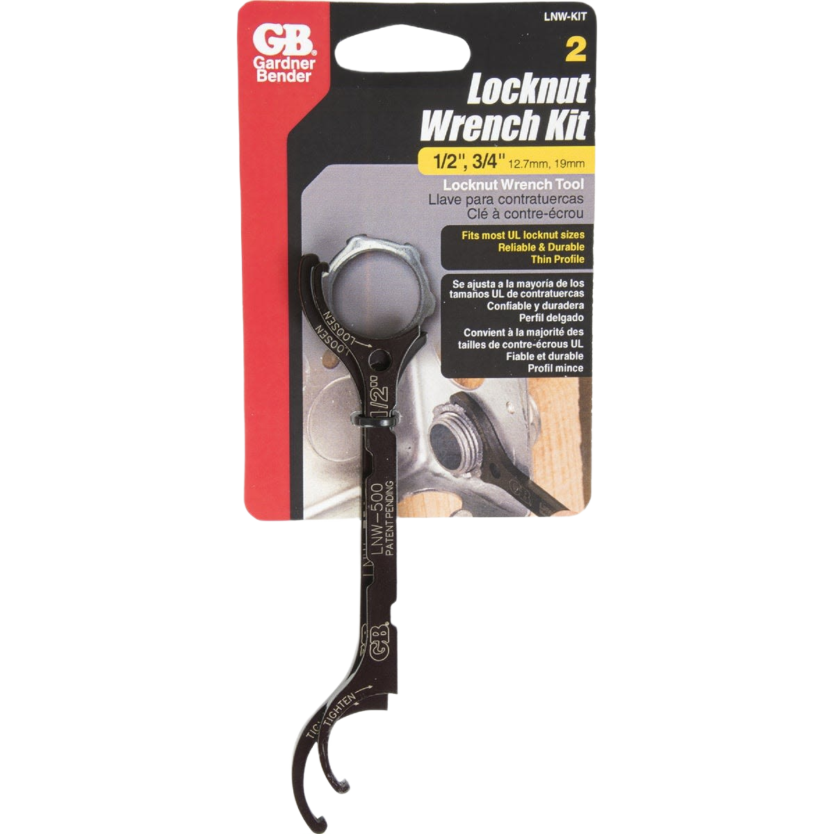 Set of two black metal locknut wrenches in retail packaging for tools and home improvement tasks