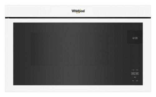 White Whirlpool flush mount microwave with digital clock and touch controls in kitchen and appliances collections