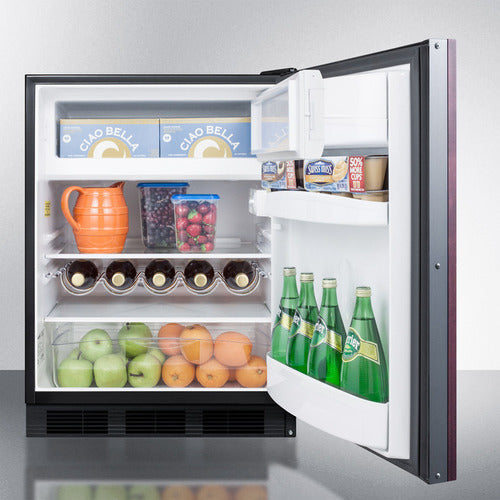 Compact built-in refrigerator-freezer with front ventilation, adjustable shelves, and clear vegetable drawer in appliances collection