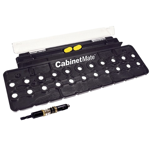 Black plastic cabinet drilling jig with multiple hole guides and included drill bit for home improvement use