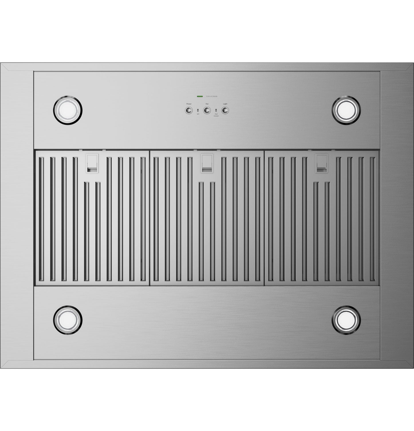 Stainless steel island-mount chimney vent hood with clean air sensors and integrated lighting in kitchen appliance setting