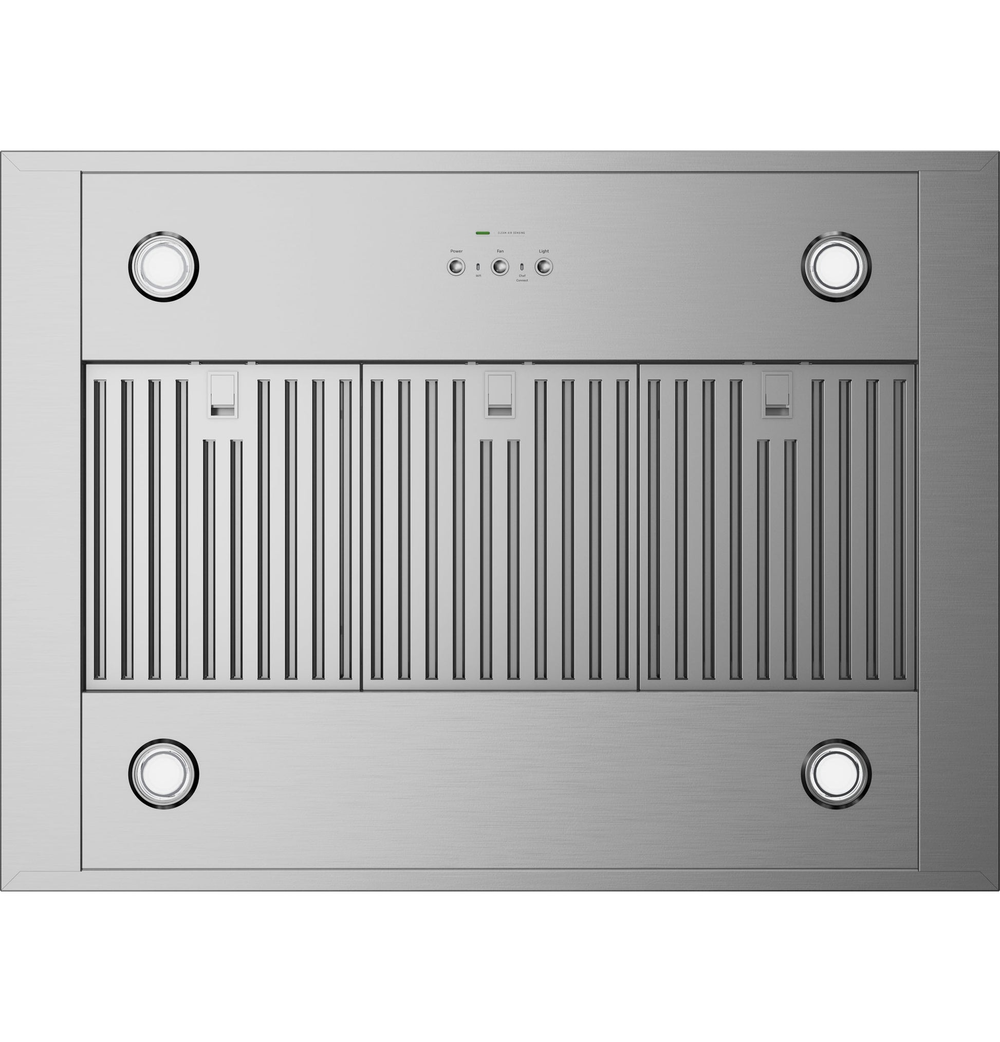 Stainless steel island-mount chimney vent hood with clean air sensors and integrated lighting in kitchen appliance setting