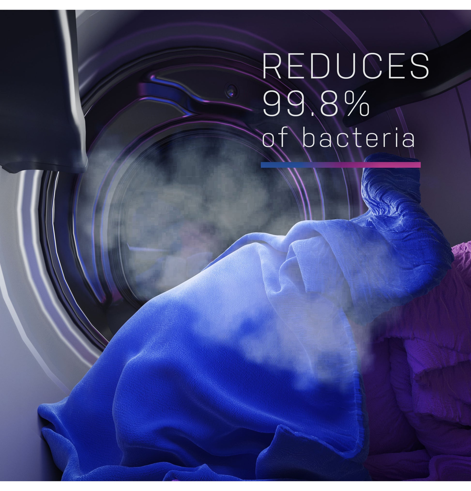 Blue garment steaming inside smart front load electric dryer highlighting sanitize cycle reducing bacteria