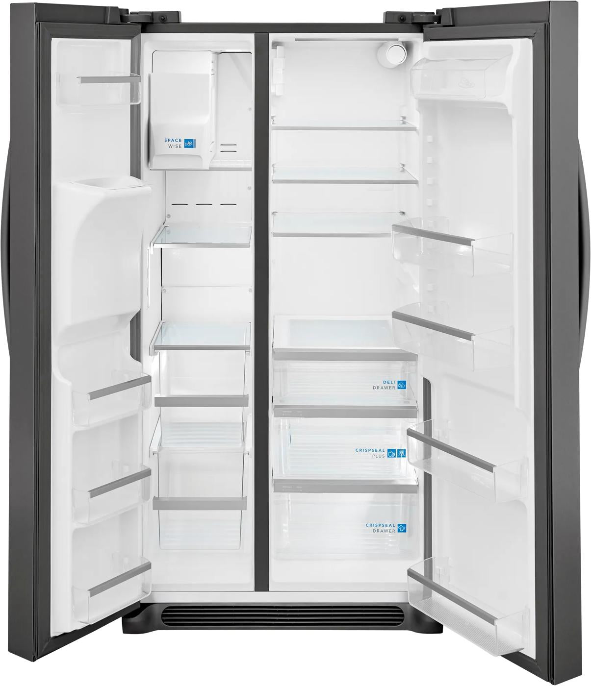 Black side-by-side refrigerator with spacious adjustable shelves and multiple door bins in Appliances collection