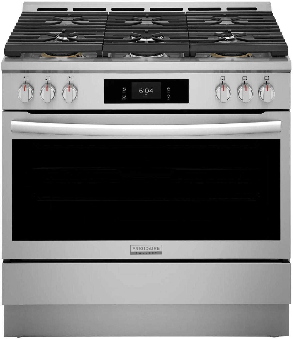 Stainless steel dual-fuel range with six burner cooktop, digital display, and large oven door from kitchen appliances collection
