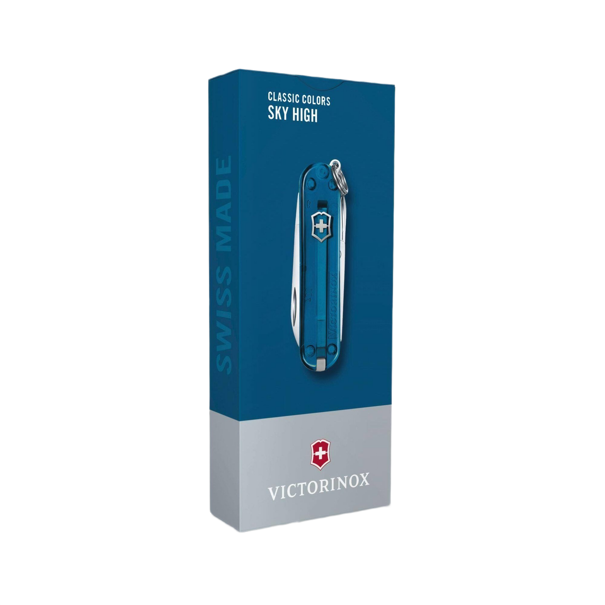 Blue translucent Victorinox Classic SD pocket knife with keyring and small blade for everyday tools and home improvement tasks