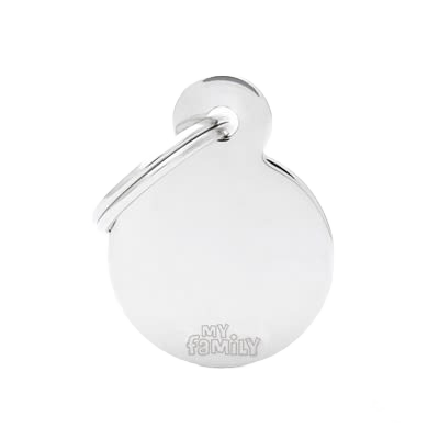 Small round chrome ID tag with keyring attachment for personal identification or pet accessories